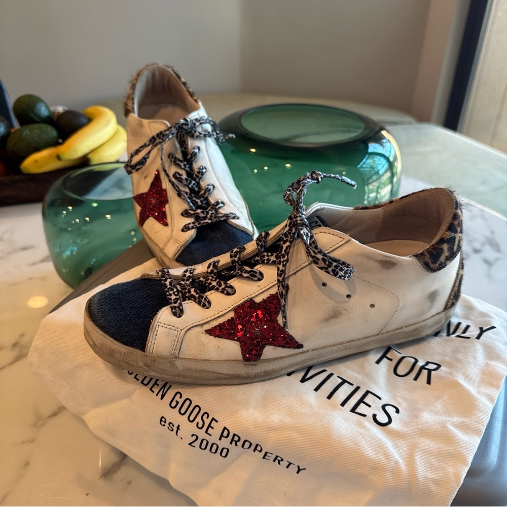 Golden Goose SuperStar Denim, Leopard, and Red Sequins Sz 39